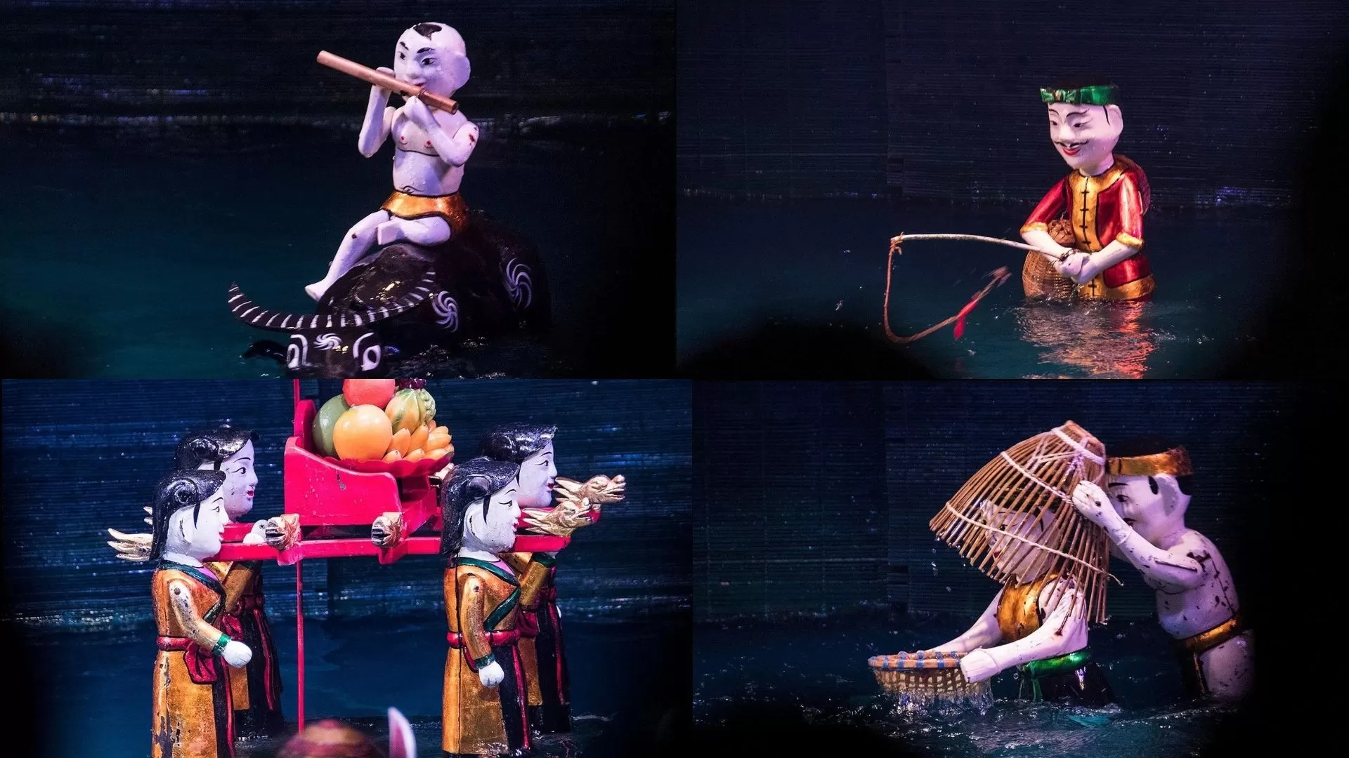 A Vietnamese water puppet performance depicting traditional rural life