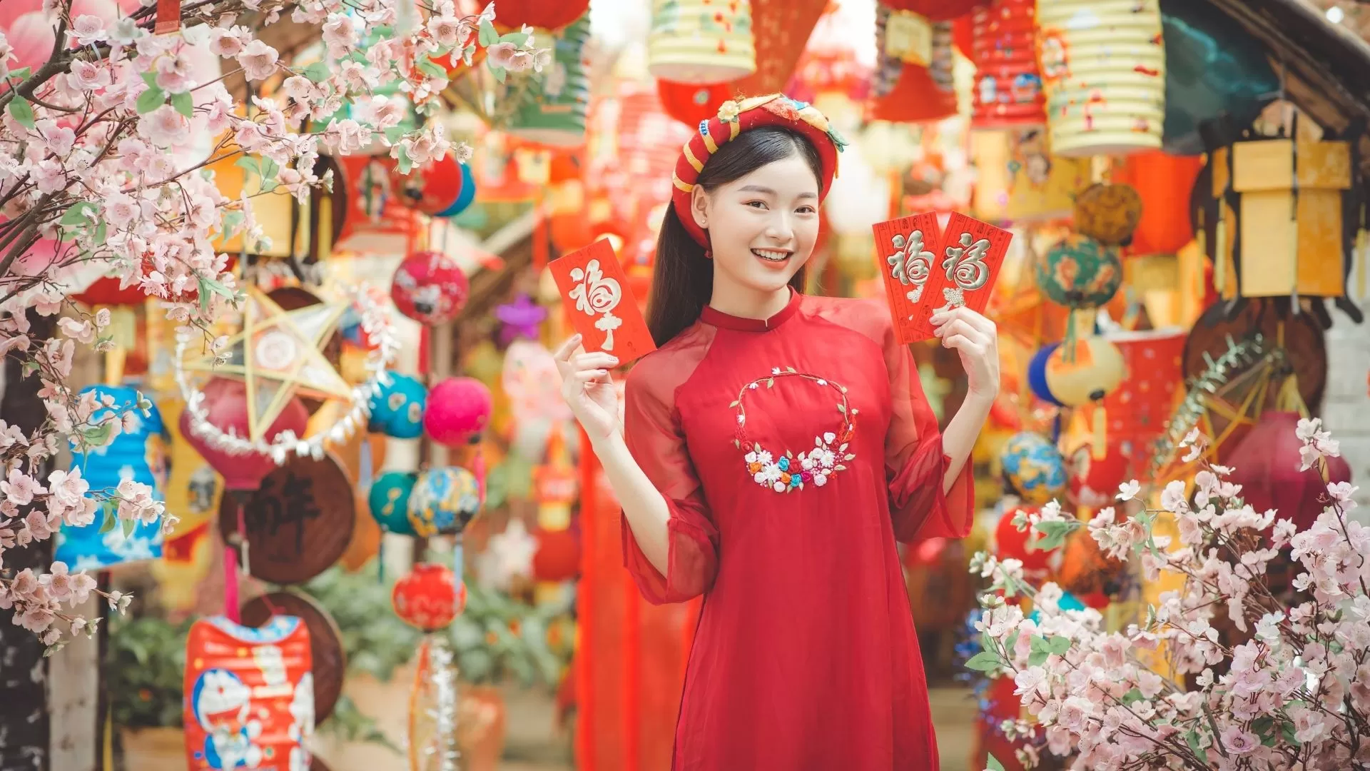 People enjoying Tet on a vibrant street