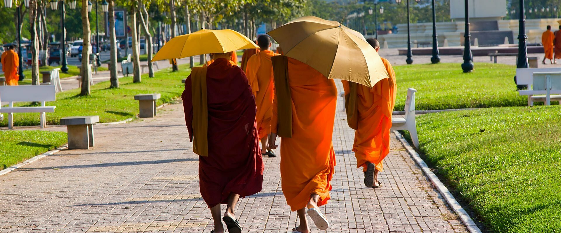 moines bouddhiste marchant en ville avec parapluies, Cambodge