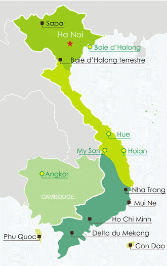Les Incontournables du Vietnam sur une carte du Vietnam