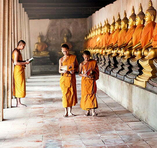 Trois jeunes moines en pleine lecture