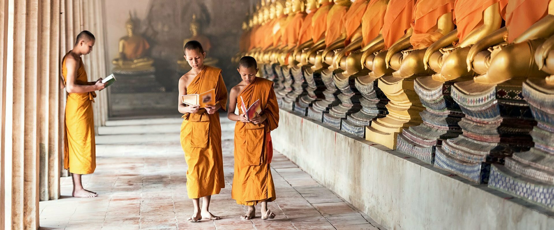 Trois jeunes moines en pleine lecture