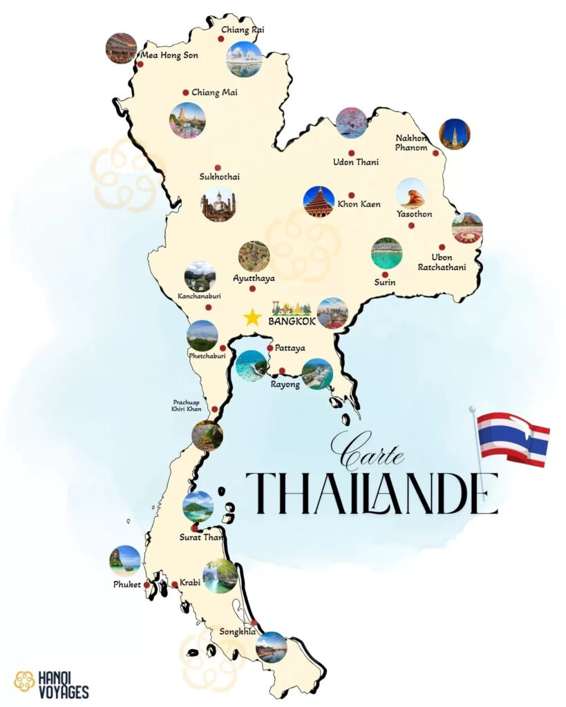 Carte des principales attractions - 1 mois en Thaïlande