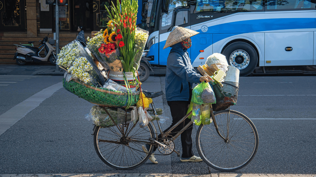 Explosion de couleurs des fleurs portées par les vendeurs ambulants à Hanoï