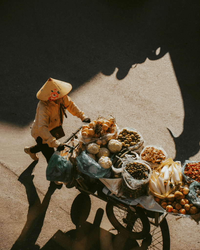 Vie de rue colorée avec vendeurs de fruits à Hanoï
