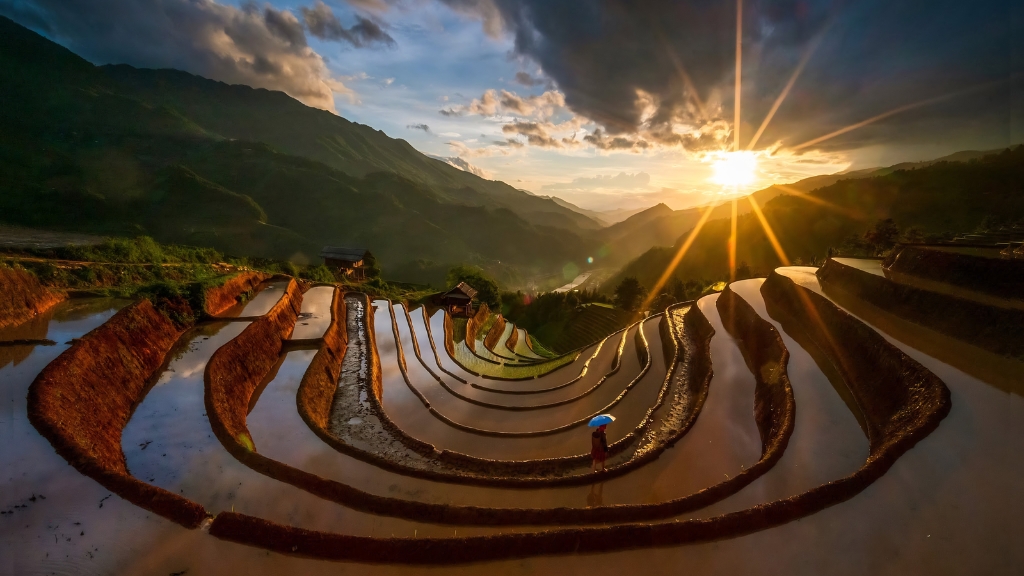 Les eaux miroitantes dessinent les courbes des rizières de Mu Cang Chai sous les derniers rayons du soleil.